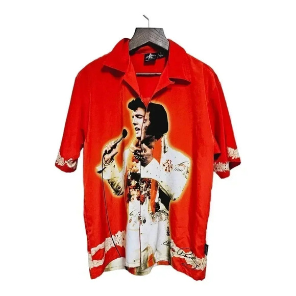 Elvis Presley vintage rare button front Hawaiian photo shirt Large - Picture 1 of 11